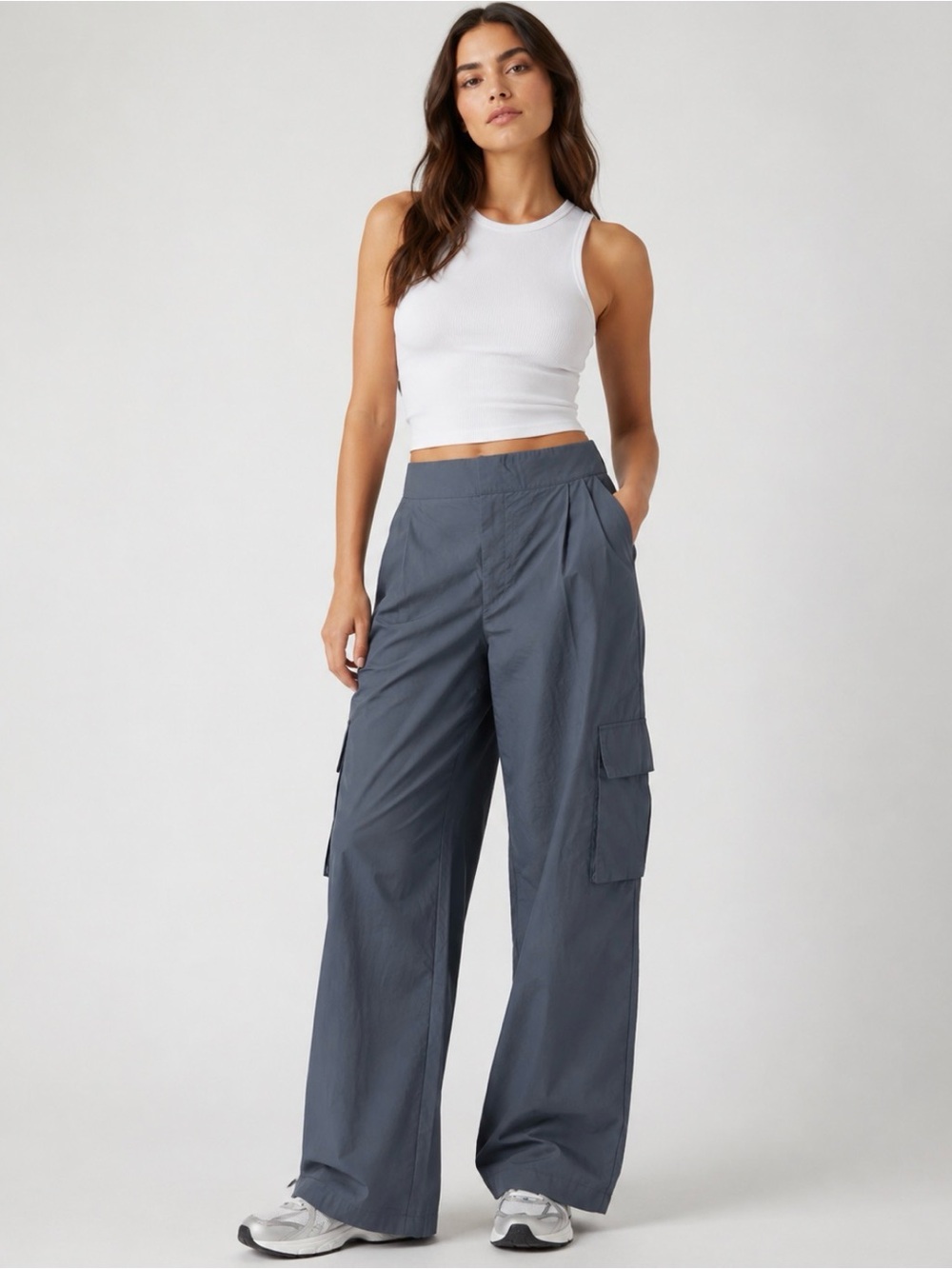 Wilo The Label Grey Wide Leg Cargo Parachute Pants Size L NWT
